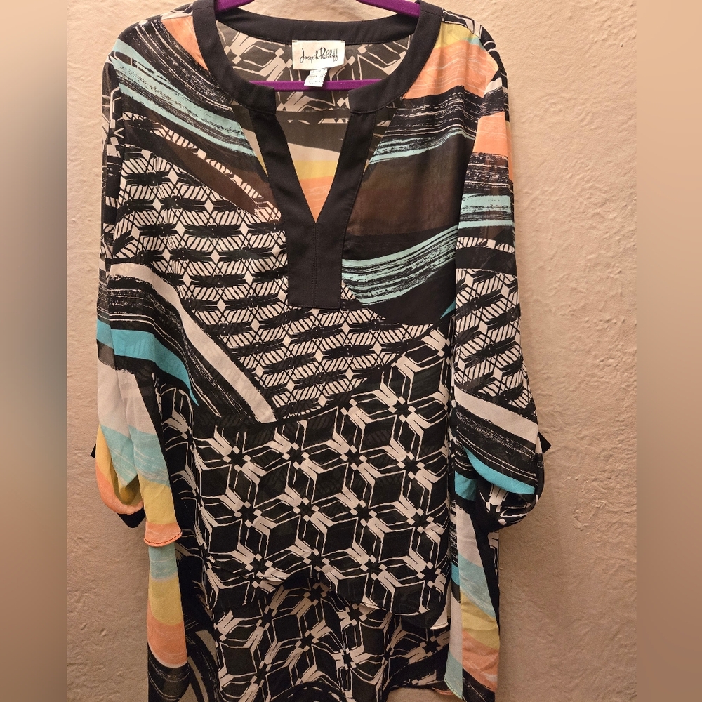 Joseph Ribkoff Asymmetrical Abstract Tunic Blouse | Made in Canada | Size 16